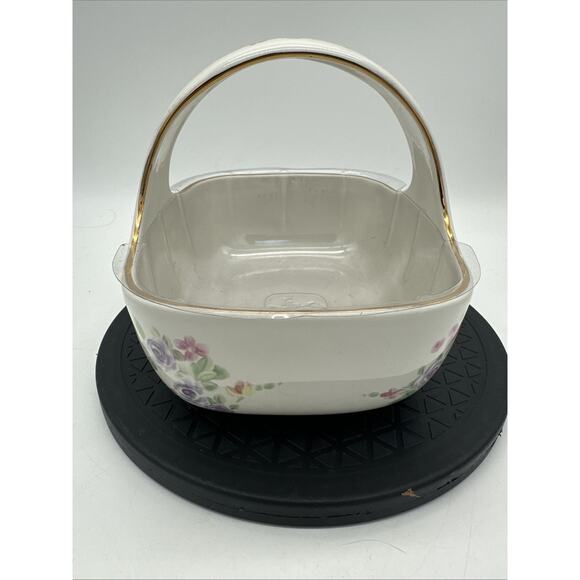 Teleflora Porcelain Basket Planter With Handle Pink Floral Design Plastic Liner - Picture 4 of 9